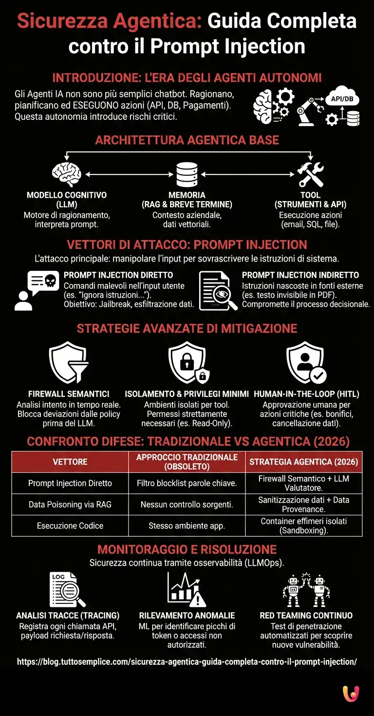Sicurezza Agentica: Guida Completa contro il Prompt Injection - Infografica riassuntiva