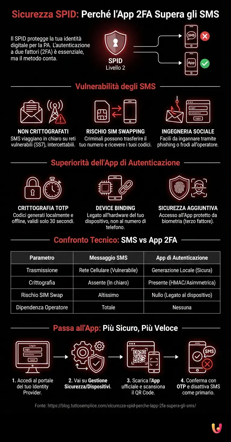 Sicurezza SPID: Perch&eacute; l'App 2FA Supera gli SMS - Infografica riassuntiva