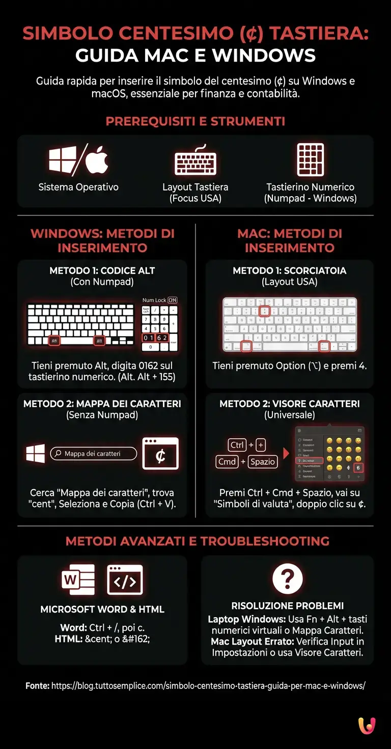 Simbolo Centesimo Tastiera: Guida per Mac e Windows - Infografica riassuntiva