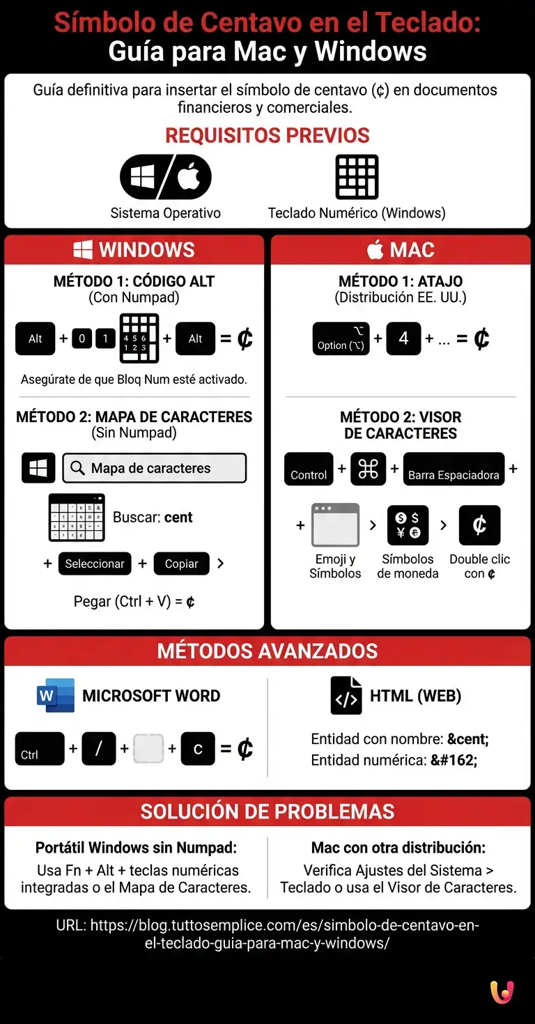 S&iacute;mbolo de Centavo en el Teclado: Gu&iacute;a para Mac y Windows - Infograf&iacute;a resumen