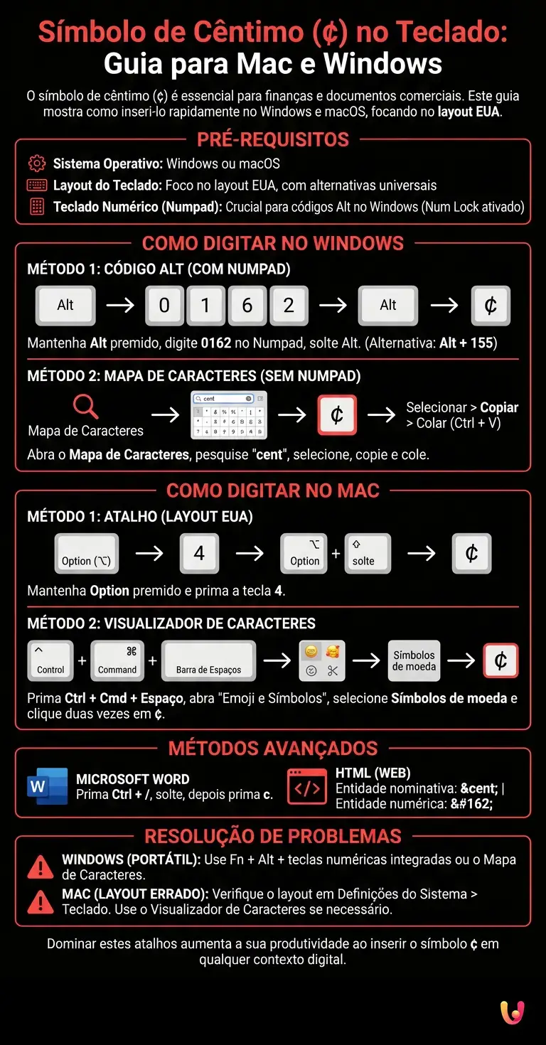 S&iacute;mbolo de C&ecirc;ntimo no Teclado: Guia para Mac e Windows - Infogr&aacute;fico resumido
