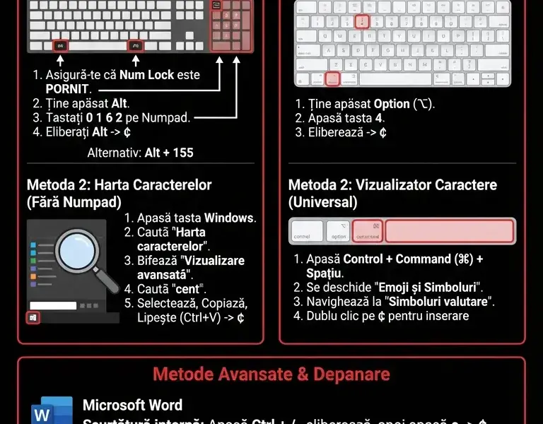 Infografica: Simbolul Cent pe Tastatură: Ghid pentru Mac și Windows