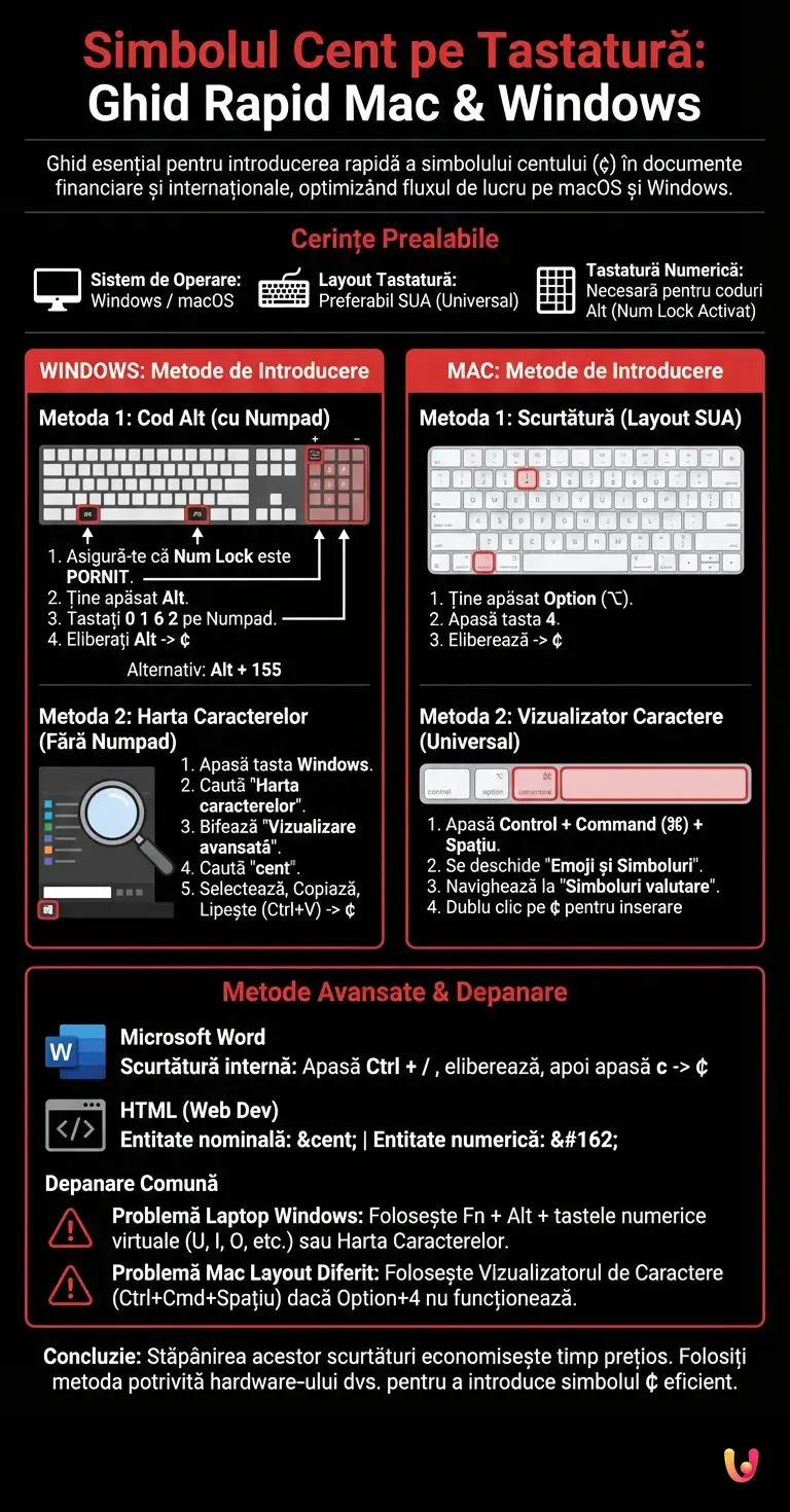 Simbolul Cent pe Tastatură: Ghid pentru Mac și Windows - Infografic rezumativ