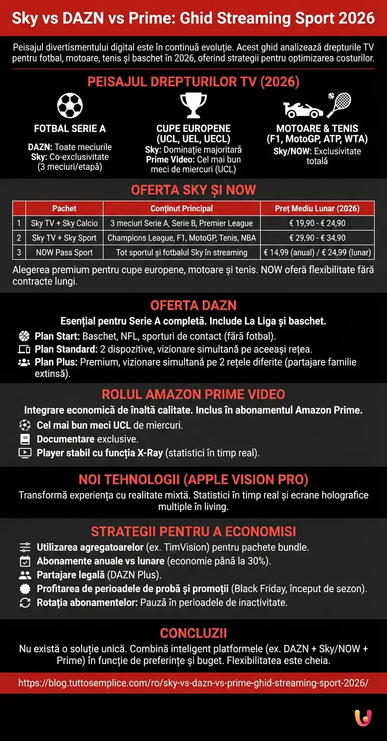 Sky vs DAZN vs Prime: Ghid Streaming Sport 2026 - Infografic rezumativ