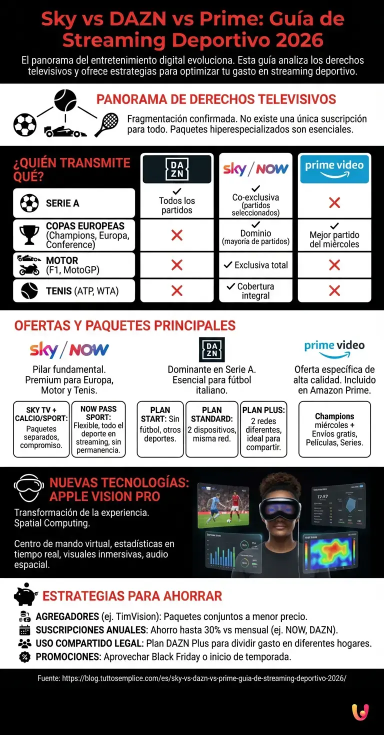 Sky vs DAZN vs Prime: Gu&iacute;a de Streaming Deportivo 2026 - Infograf&iacute;a resumen