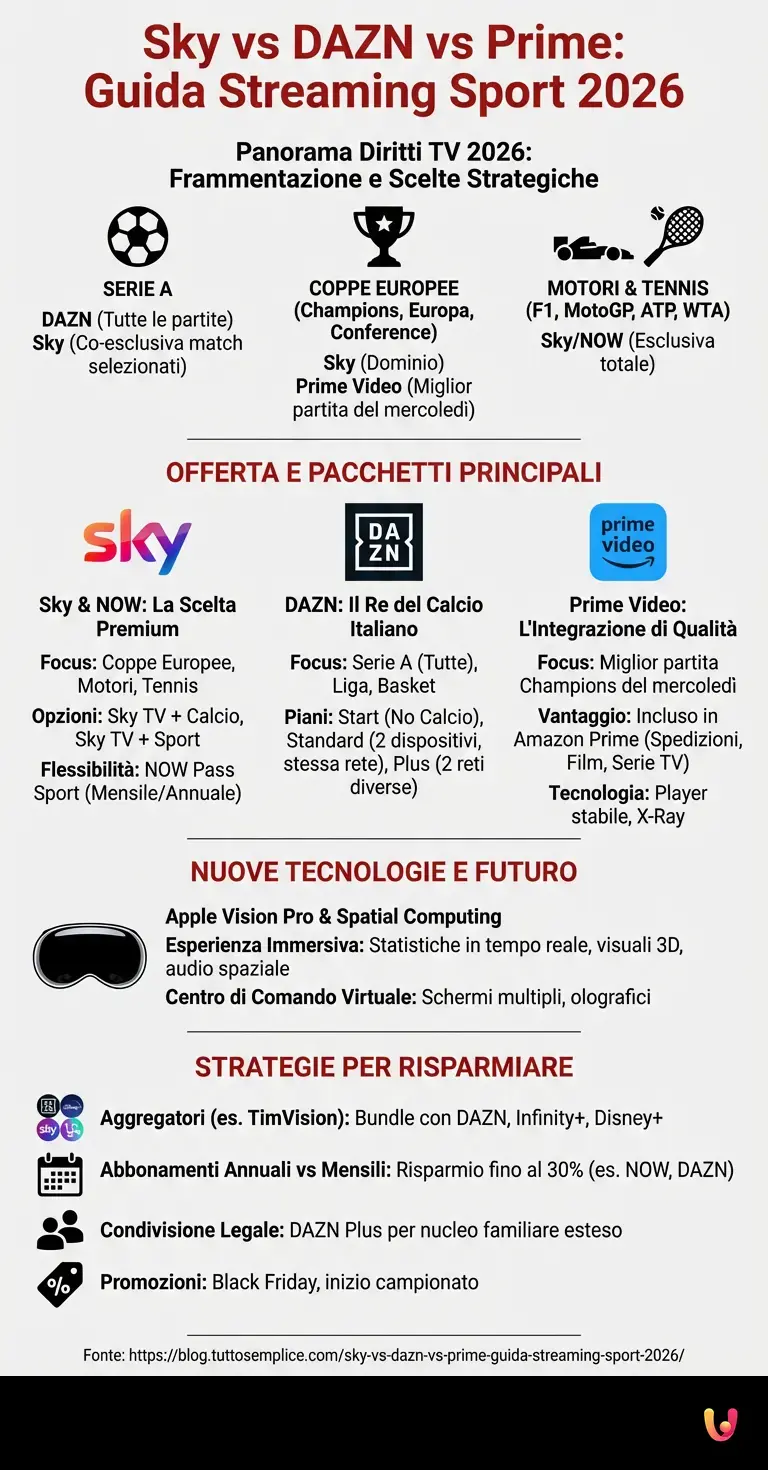 Sky vs DAZN vs Prime: Guida Streaming Sport 2026 - Infografica riassuntiva