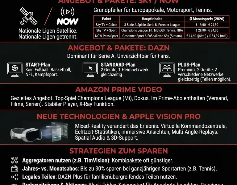 Infografica: Sky vs. DAZN vs. Prime: Sport-Streaming-Guide 2026