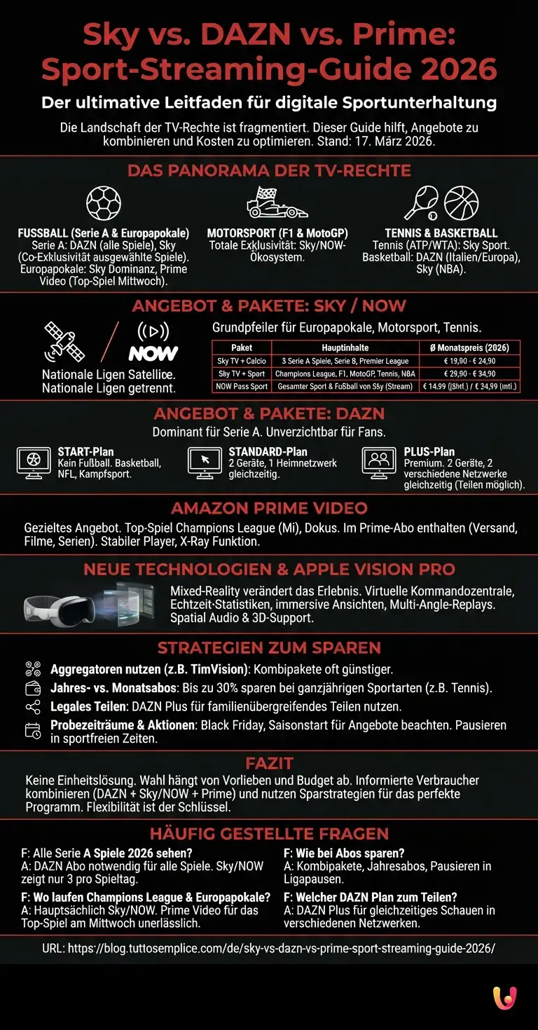 Sky vs. DAZN vs. Prime: Sport-Streaming-Guide 2026 - Zusammenfassende Infografik