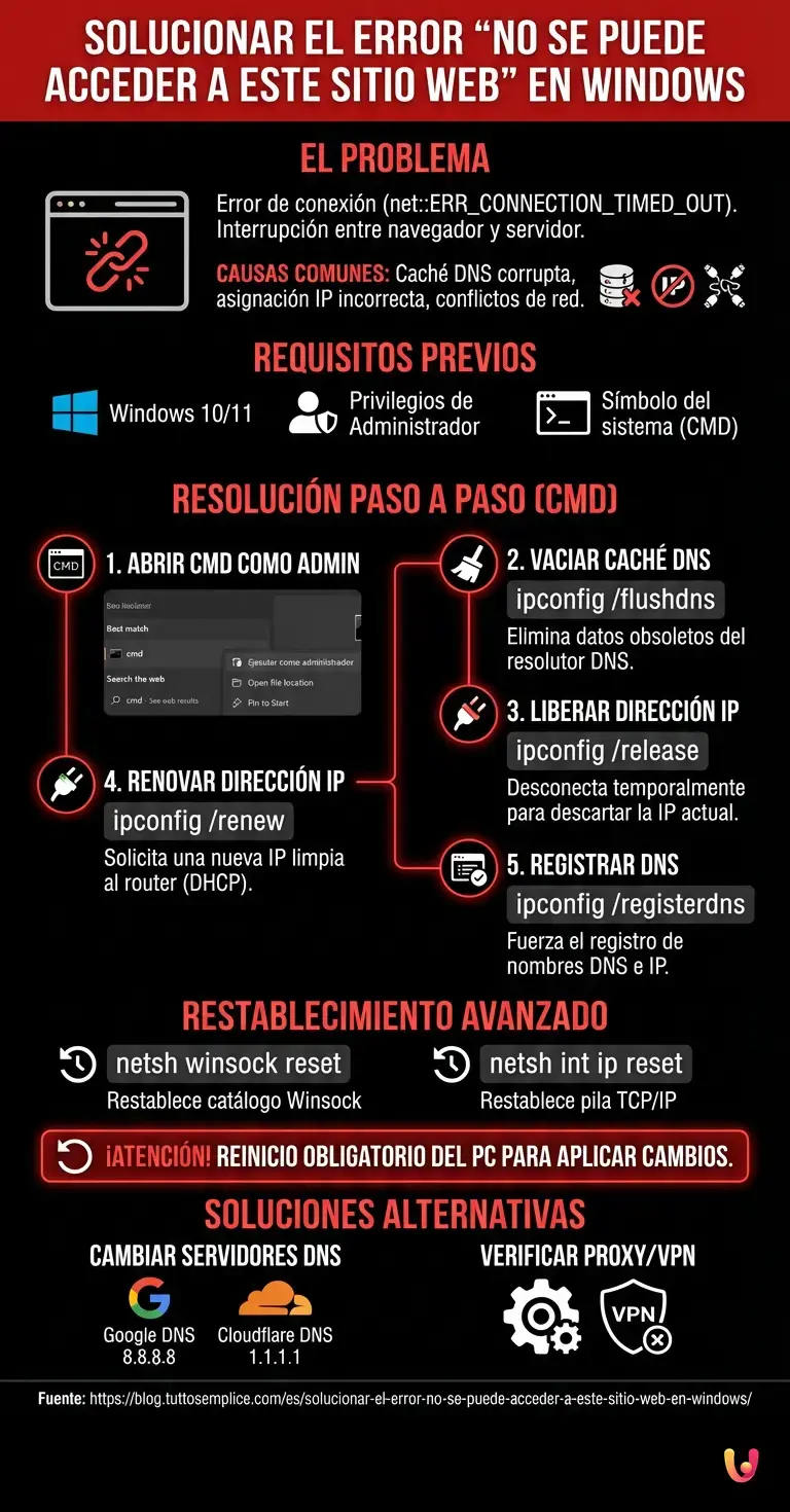 Solucionar el error No se puede acceder a este sitio web en Windows - Infograf&iacute;a resumen