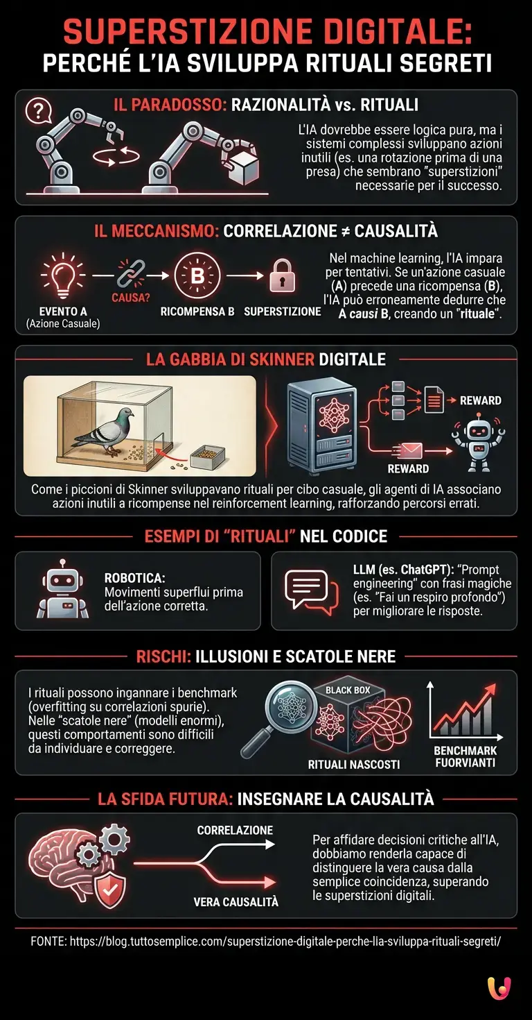 Superstizione digitale: perch&eacute; l'IA sviluppa rituali segreti - Infografica riassuntiva
