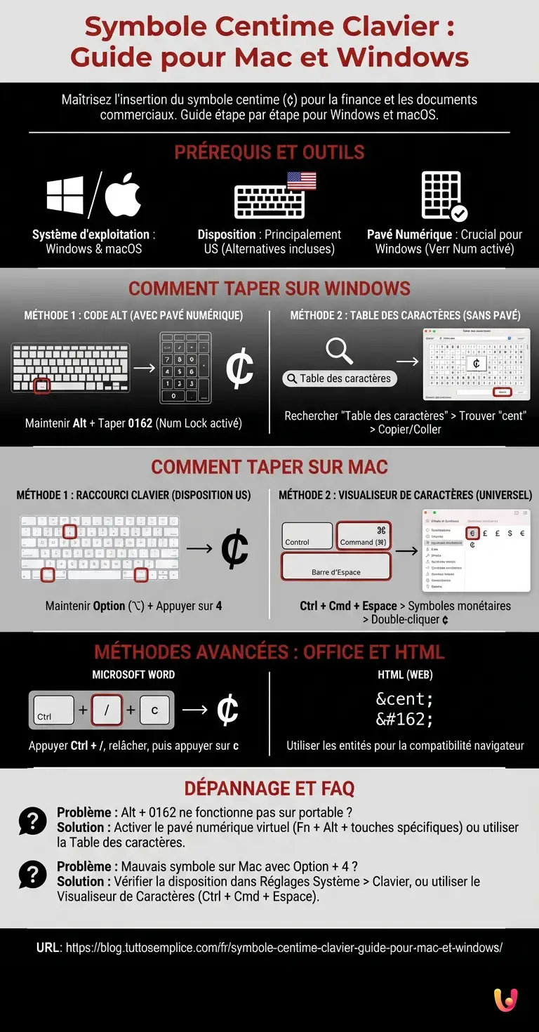 Symbole Centime Clavier : Guide pour Mac et Windows - Infographie r&eacute;sumant