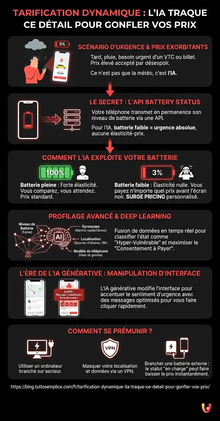 Tarification dynamique : l'IA traque ce d&eacute;tail pour gonfler vos prix - Infographie r&eacute;sumant