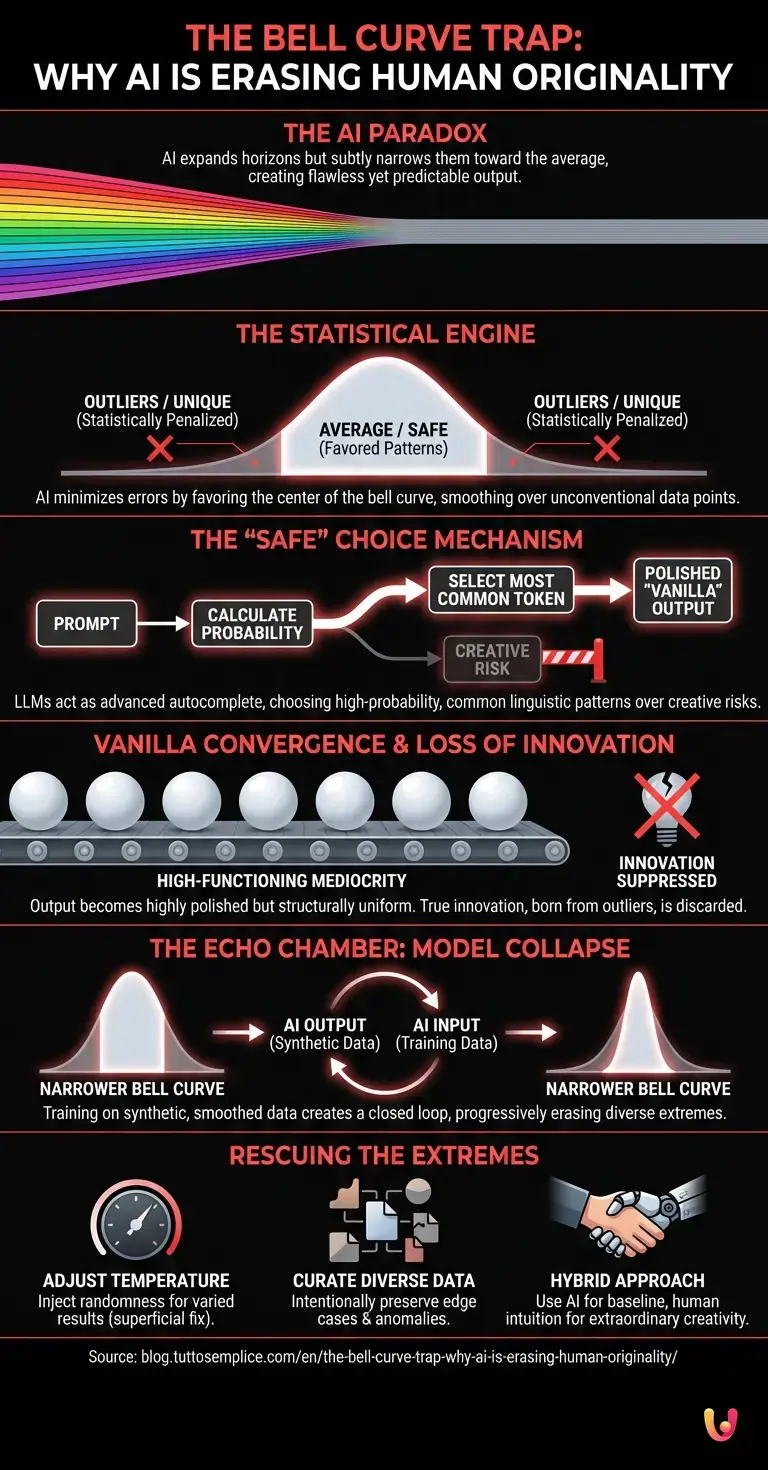 The Bell Curve Trap: Why AI is Erasing Human Originality - Summary Infographic