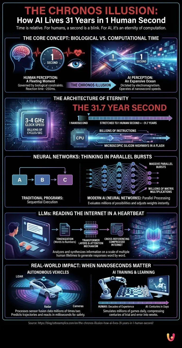 The Chronos Illusion: How AI lives 31 years in 1 human second - Summary Infographic