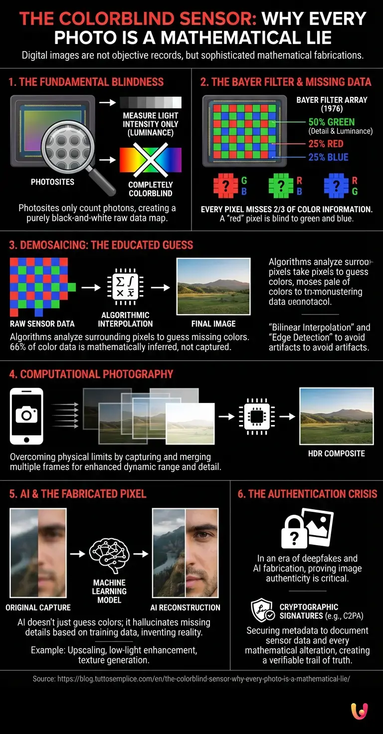 The Colorblind Sensor: Why Every Photo Is a Mathematical Lie - Summary Infographic