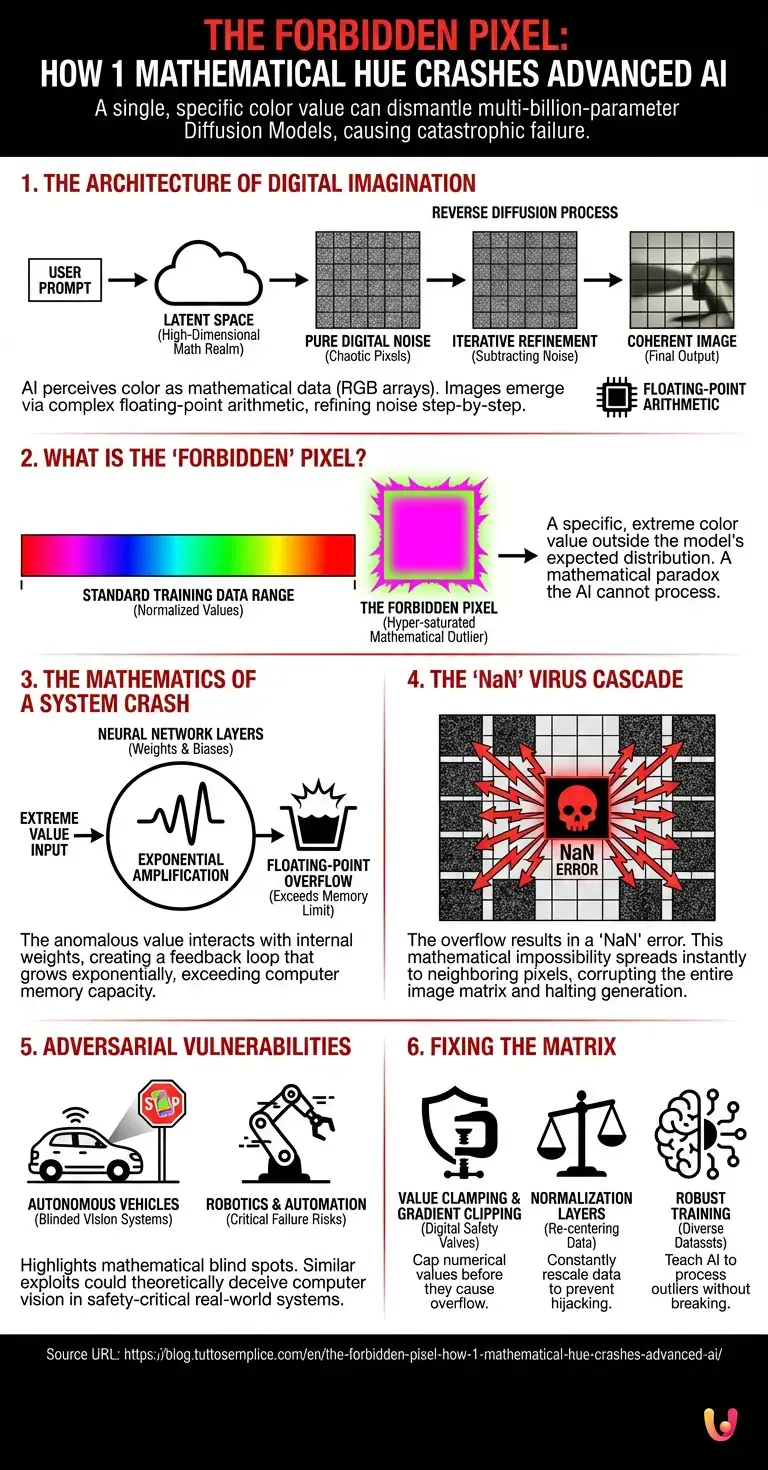 The Forbidden Pixel: How 1 mathematical hue crashes advanced AI - Summary Infographic