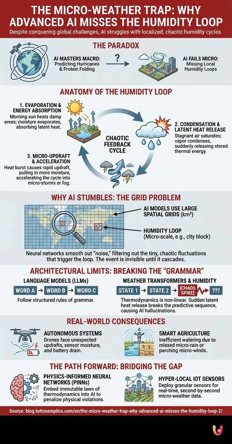 The Micro-Weather Trap: Why Advanced AI Misses the Humidity Loop - Summary Infographic