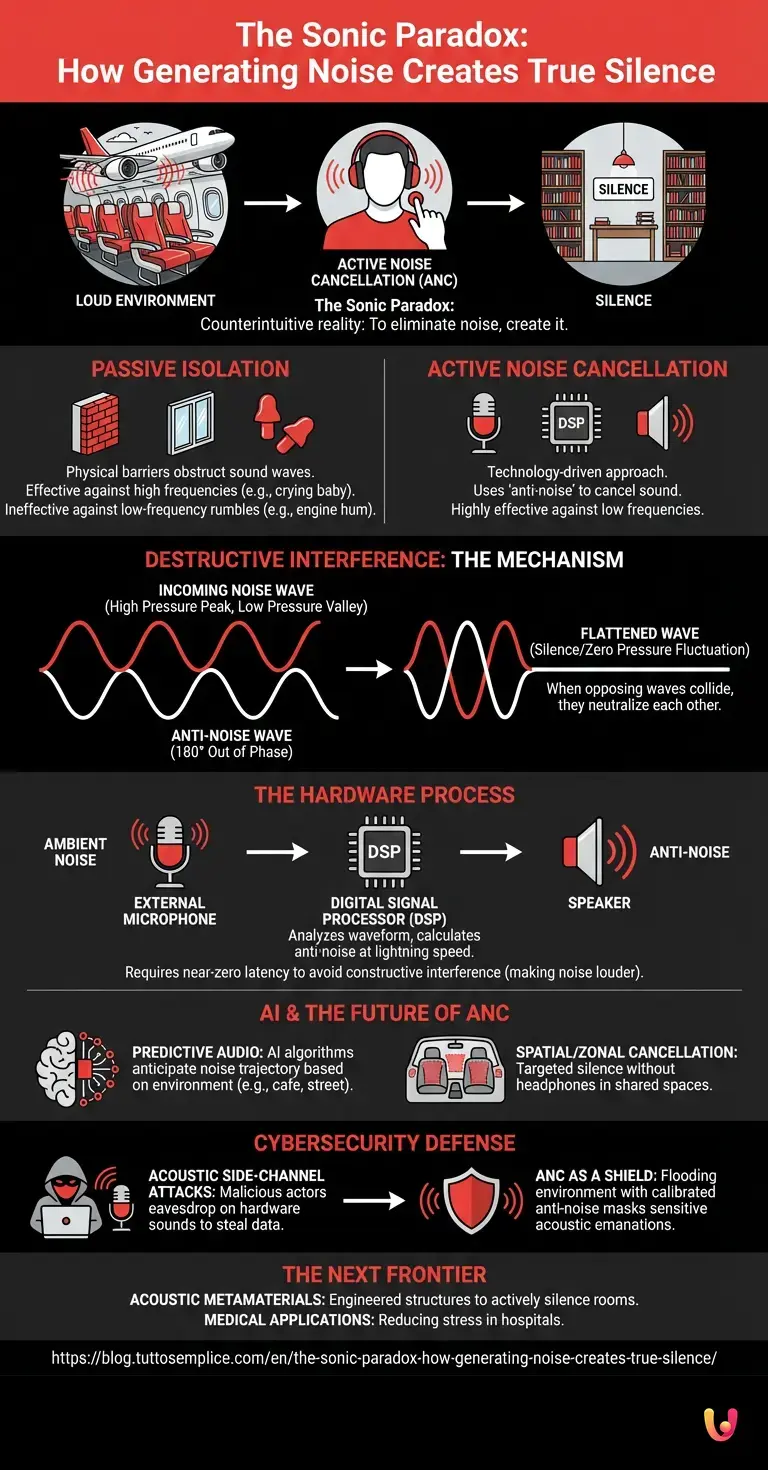 The Sonic Paradox: How Generating Noise Creates True Silence - Summary Infographic