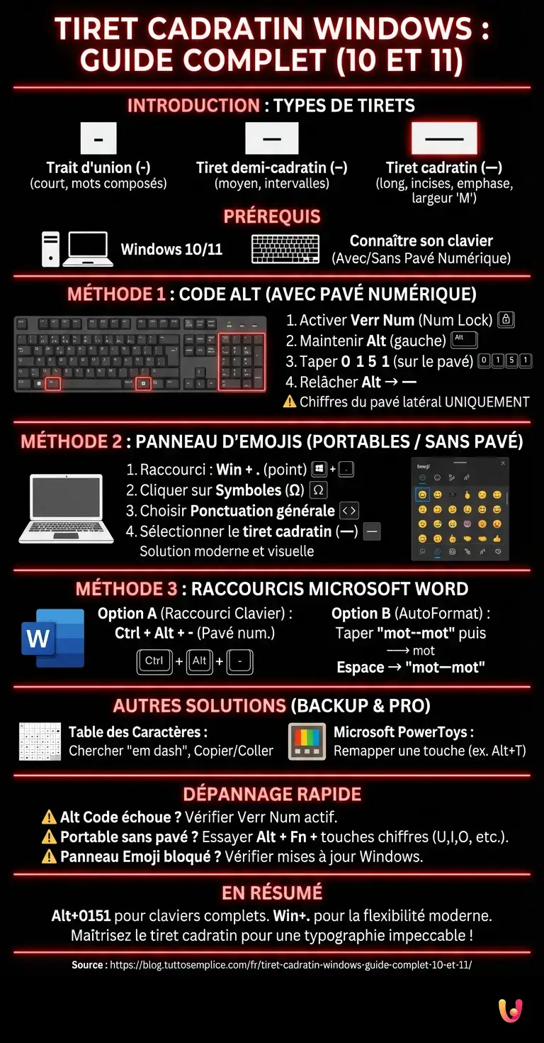 Tiret Cadratin Windows : Guide Complet (10 et 11) - Infographie r&eacute;sumant