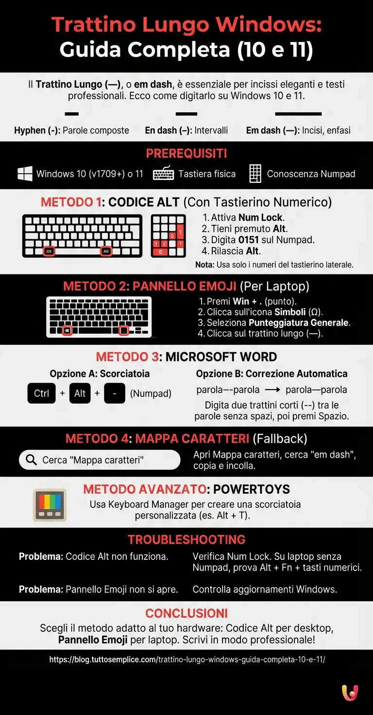 Trattino Lungo Windows: Guida Completa (10 e 11) - Infografica riassuntiva