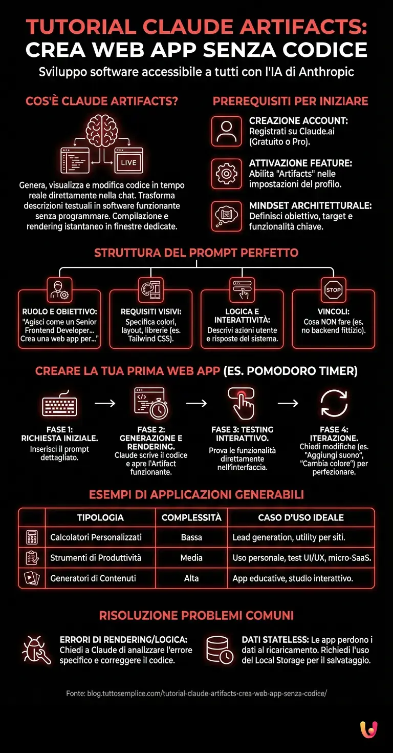 Tutorial Claude Artifacts: Crea Web App Senza Codice - Infografica riassuntiva