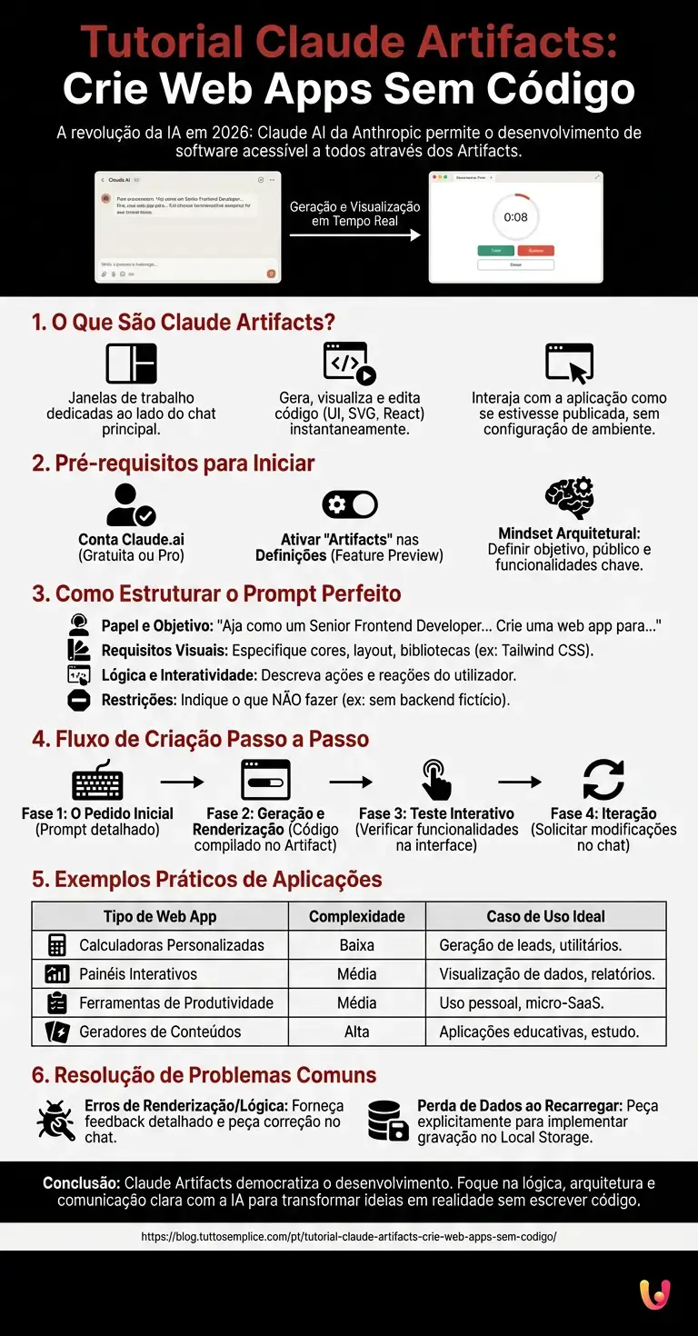 Tutorial Claude Artifacts: Crie Web Apps Sem C&oacute;digo - Infogr&aacute;fico resumido
