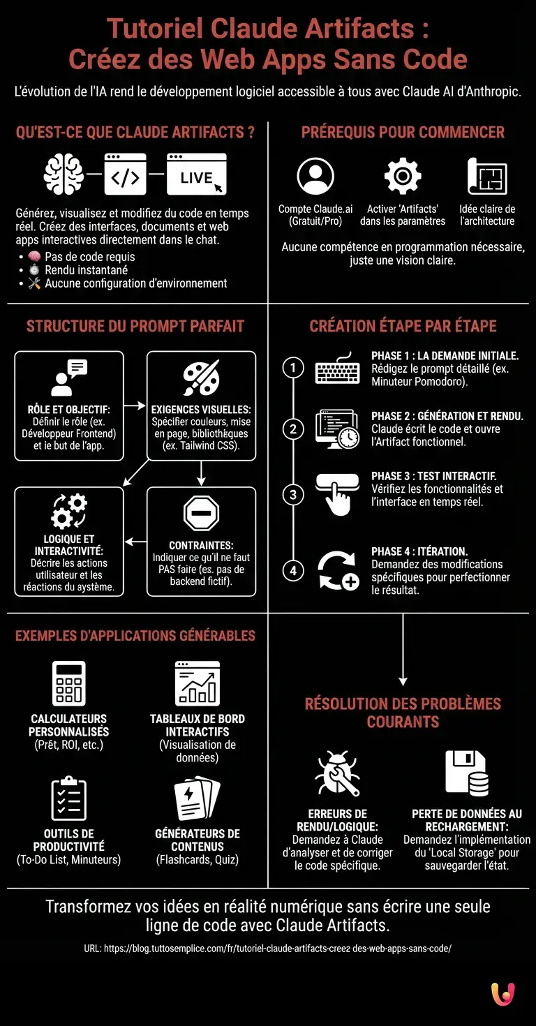 Tutoriel Claude Artifacts : Cr&eacute;ez des Web Apps Sans Code - Infographie r&eacute;sumant