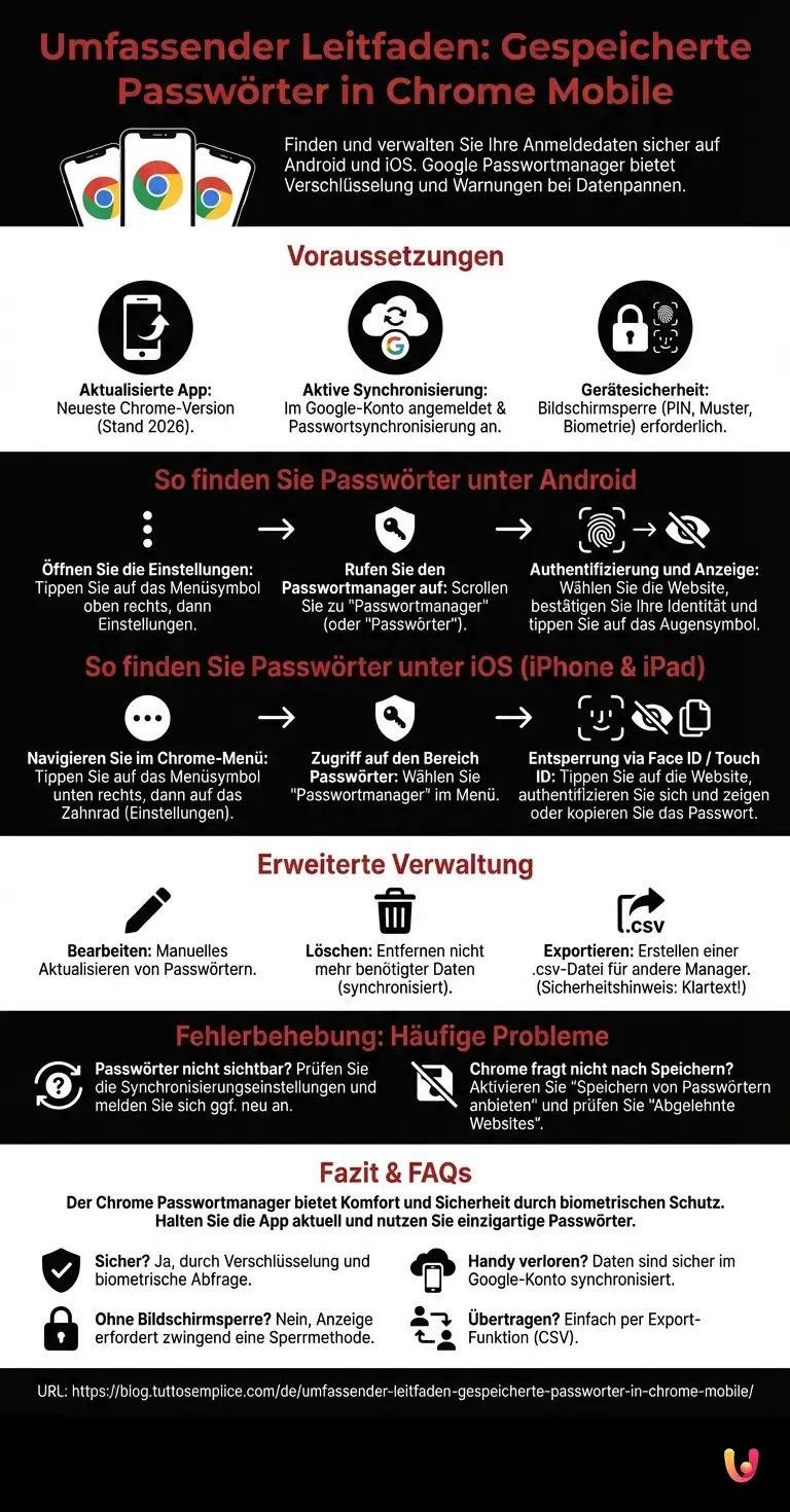 Umfassender Leitfaden: Gespeicherte Passw&ouml;rter in Chrome Mobile - Zusammenfassende Infografik