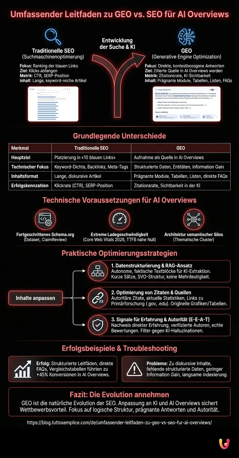 Umfassender Leitfaden zu GEO vs. SEO f&uuml;r AI Overviews - Zusammenfassende Infografik