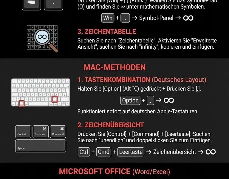 Infografica: Umfassender Leitfaden zum Unendlichkeitszeichen auf der Tastatur f&uuml;r PC und Mac