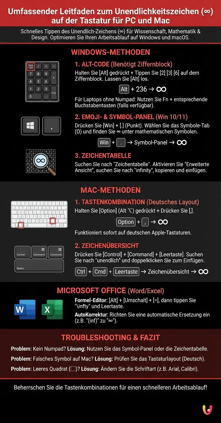 Umfassender Leitfaden zum Unendlichkeitszeichen auf der Tastatur f&uuml;r PC und Mac - Zusammenfassende Infografik