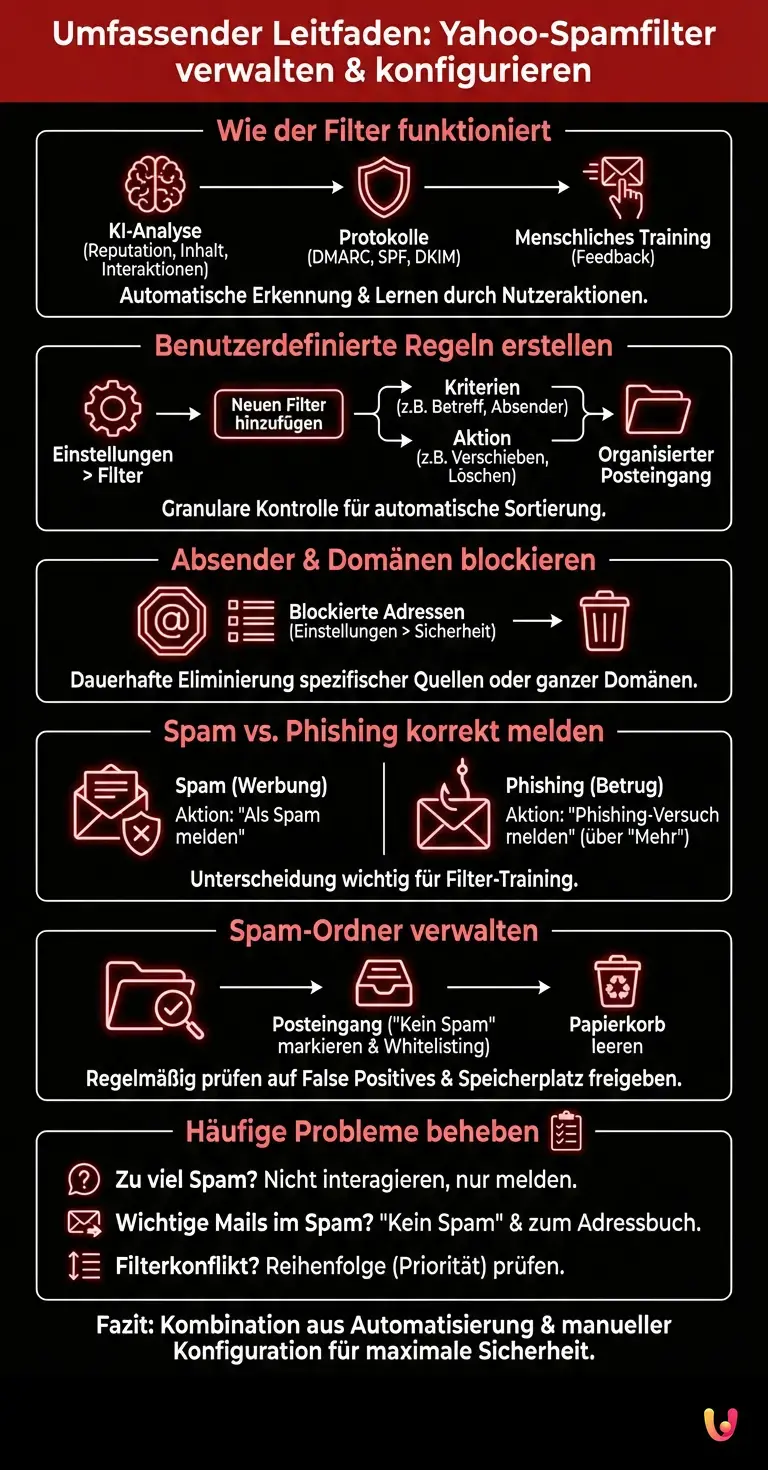 Umfassender Leitfaden zum Yahoo-Spamfilter: Verwaltung und Konfiguration - Zusammenfassende Infografik