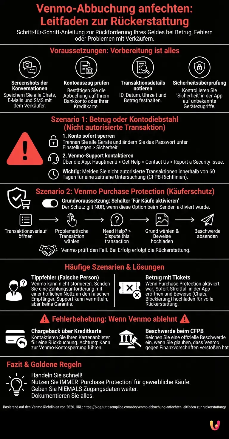 Venmo-Abbuchung anfechten: Leitfaden zur R&uuml;ckerstattung - Zusammenfassende Infografik
