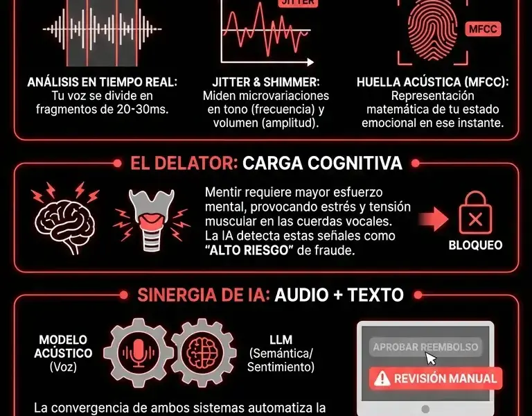 Infografica: Veredicto ac&uacute;stico: c&oacute;mo la IA usa tu voz para negar reembolsos