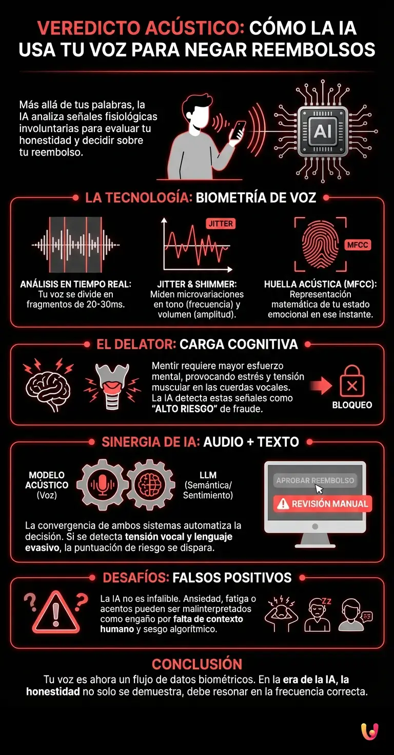 Veredicto ac&uacute;stico: c&oacute;mo la IA usa tu voz para negar reembolsos - Infograf&iacute;a resumen
