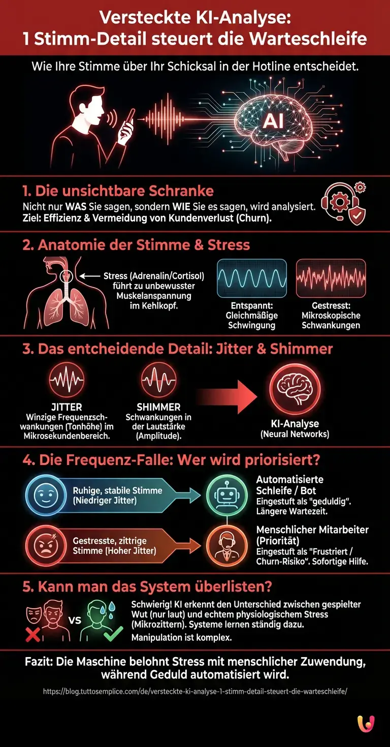 Versteckte KI-Analyse: 1 Stimm-Detail steuert die Warteschleife - Zusammenfassende Infografik