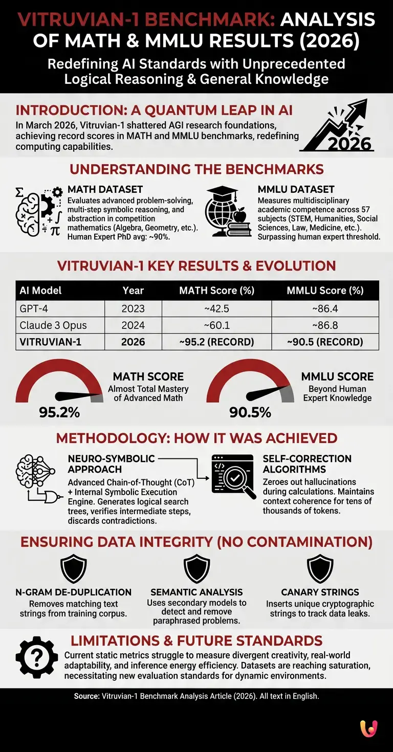 Vitruvian-1 Benchmark: Analysis of MATH and MMLU Results - Summary Infographic