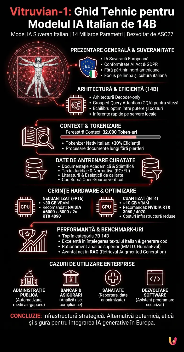 Vitruvian-1: Ghid Tehnic pentru Modelul IA Italian de 14B - Infografic rezumativ