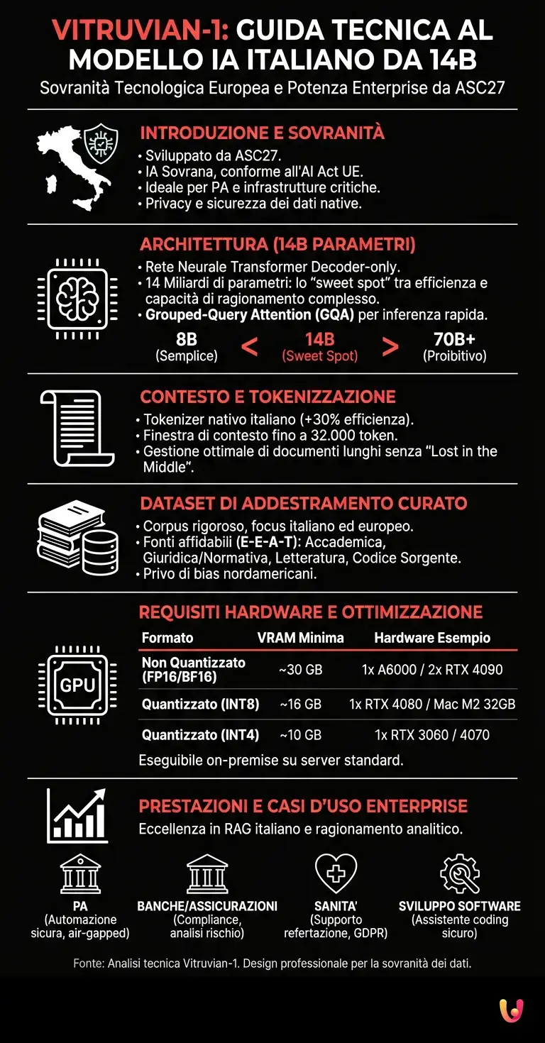 Vitruvian-1: Guida Tecnica al Modello IA Italiano da 14B - Infografica riassuntiva