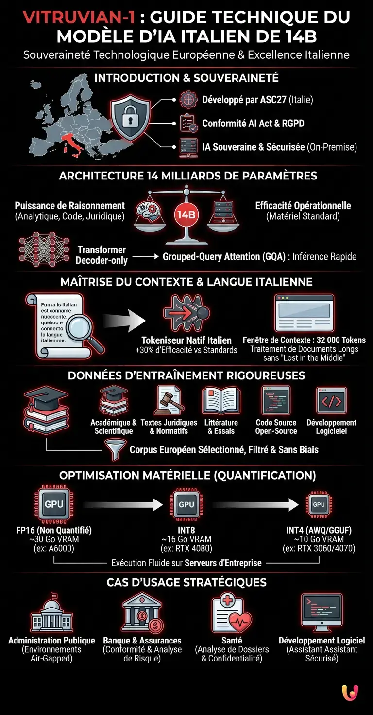 Vitruvian-1 : Guide Technique du Mod&egrave;le d'IA Italien de 14B - Infographie r&eacute;sumant