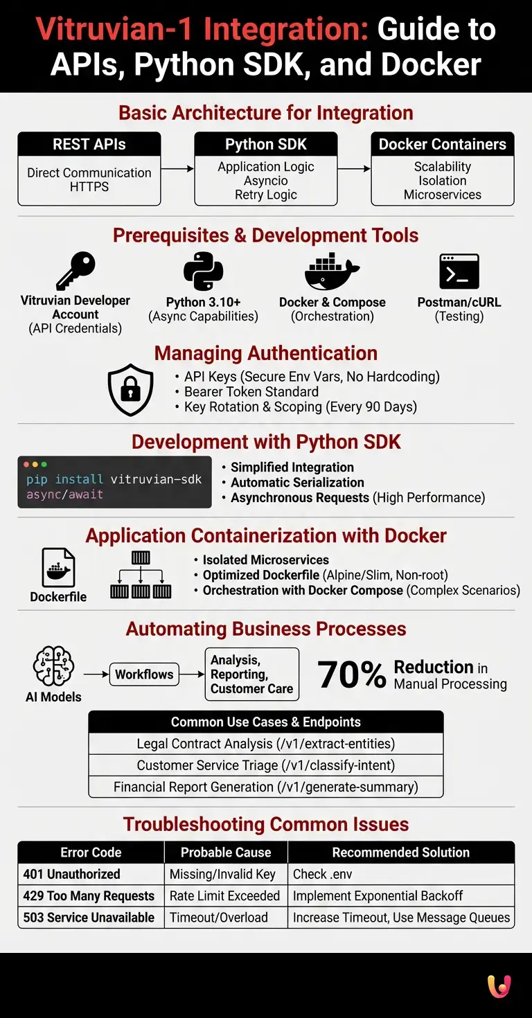 Vitruvian-1 Integration: Guide to APIs, Python SDK, and Docker - Summary Infographic