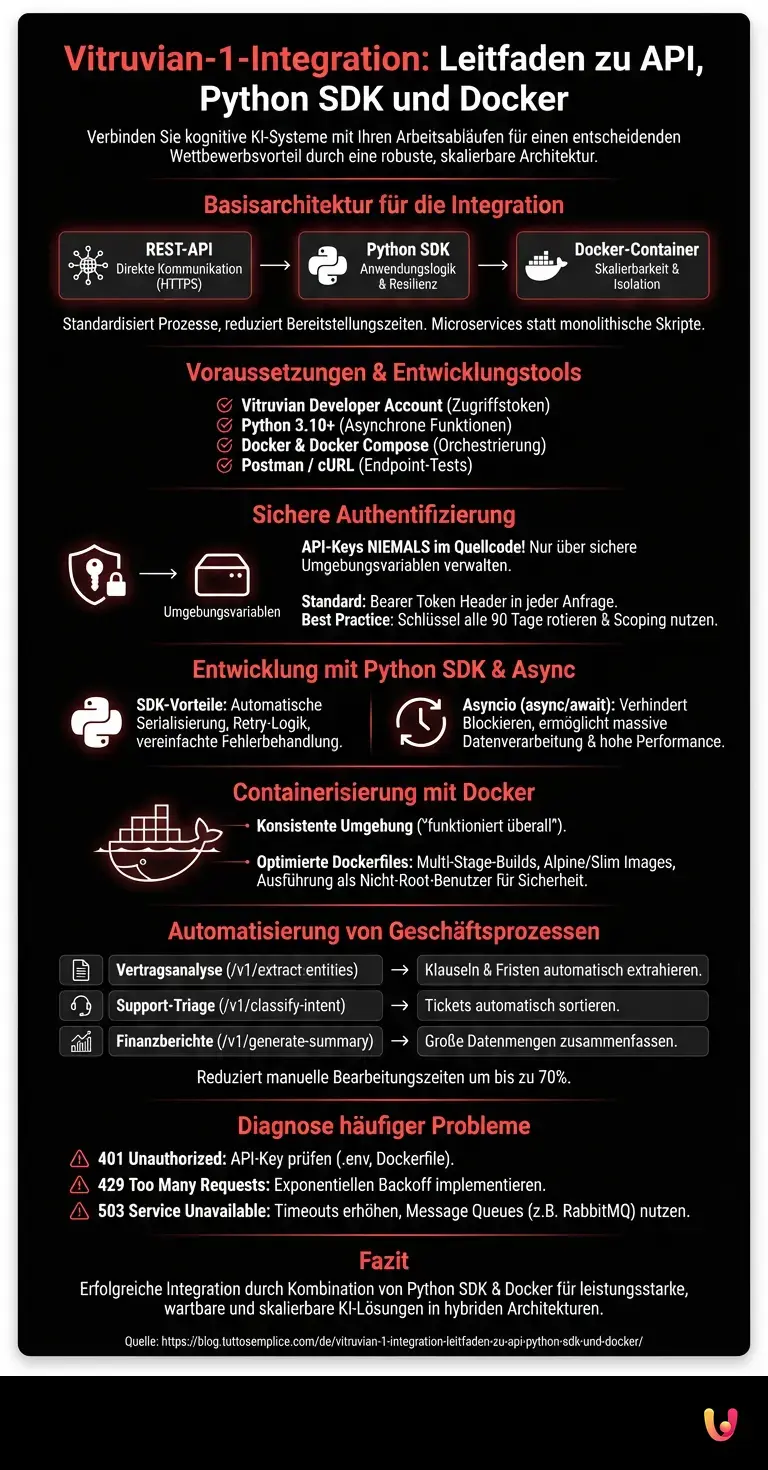 Vitruvian-1-Integration: Leitfaden zu API, Python SDK und Docker - Zusammenfassende Infografik