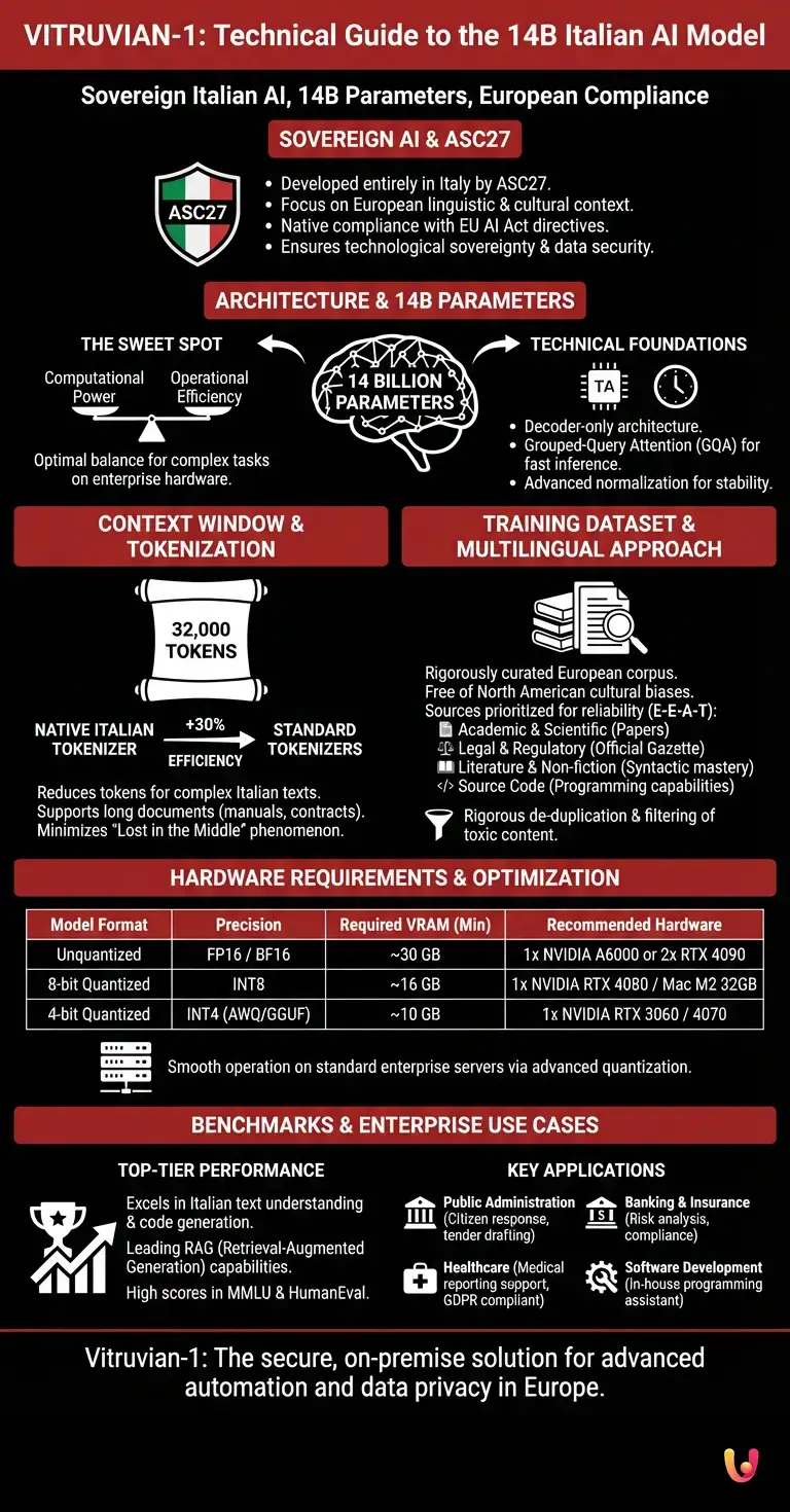 Vitruvian-1: Technical Guide to the 14B Italian AI Model - Summary Infographic