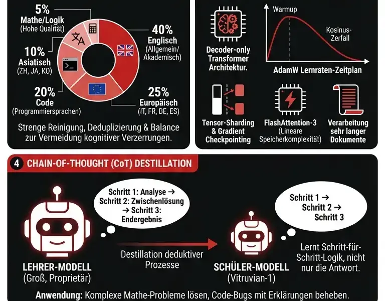 Infografica: Vitruvian-1-Training: Pipeline und CoT-Destillation