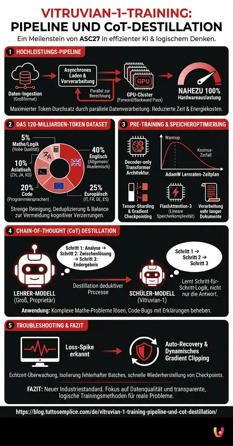 Vitruvian-1-Training: Pipeline und CoT-Destillation - Zusammenfassende Infografik