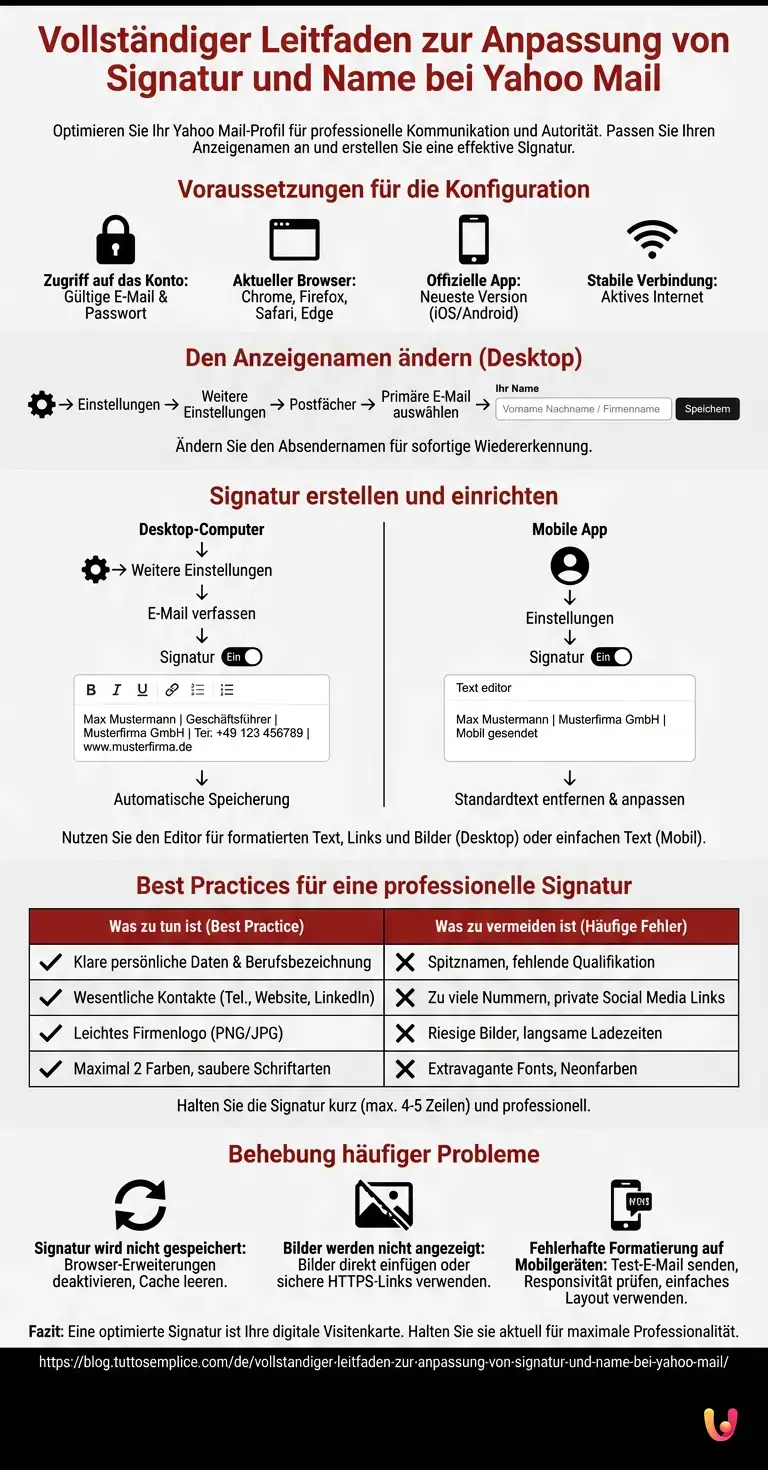 Vollst&auml;ndiger Leitfaden zur Anpassung von Signatur und Name bei Yahoo Mail - Zusammenfassende Infografik