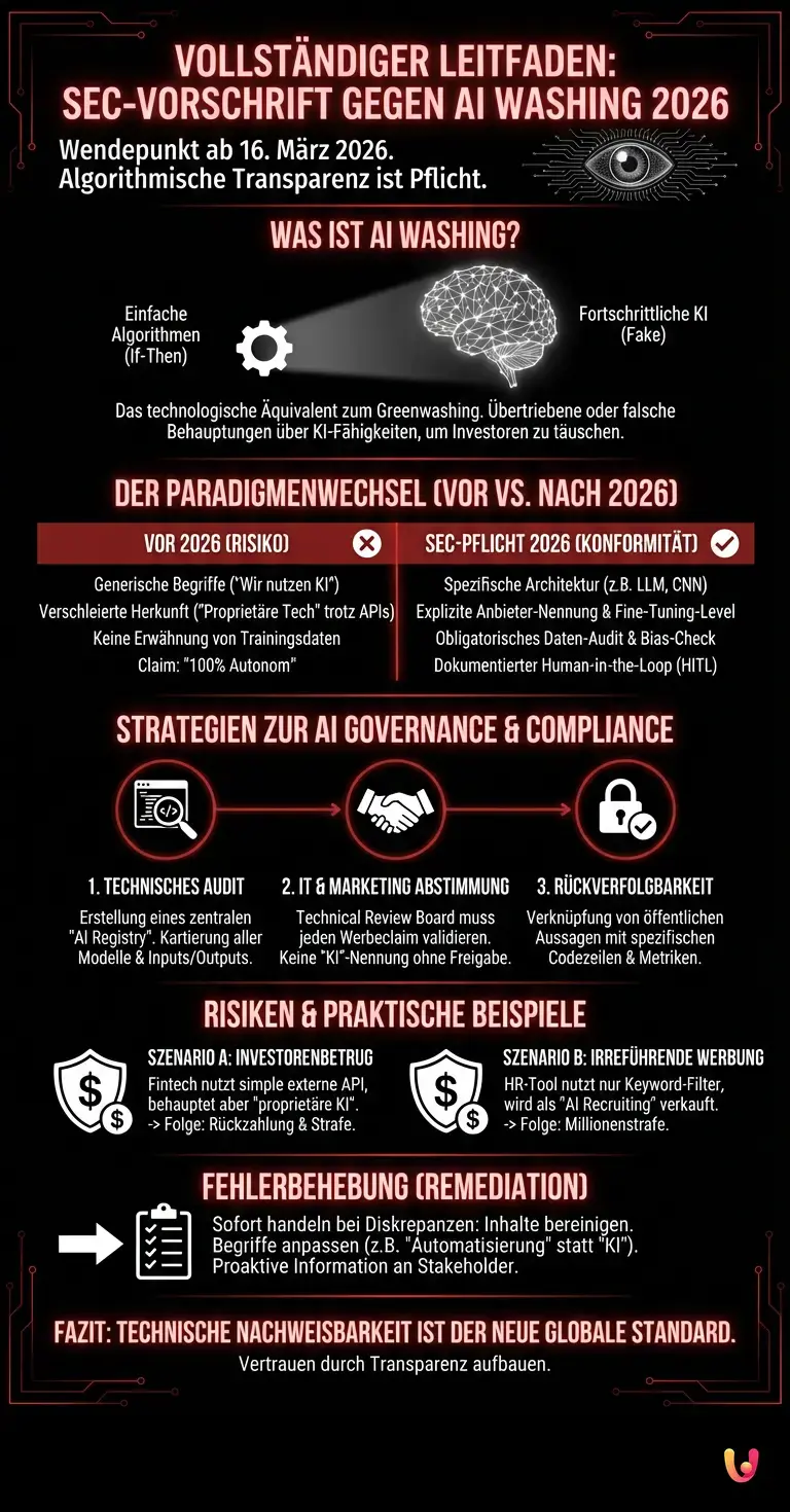 Vollst&auml;ndiger Leitfaden zur SEC-Vorschrift gegen AI Washing 2026 - Zusammenfassende Infografik