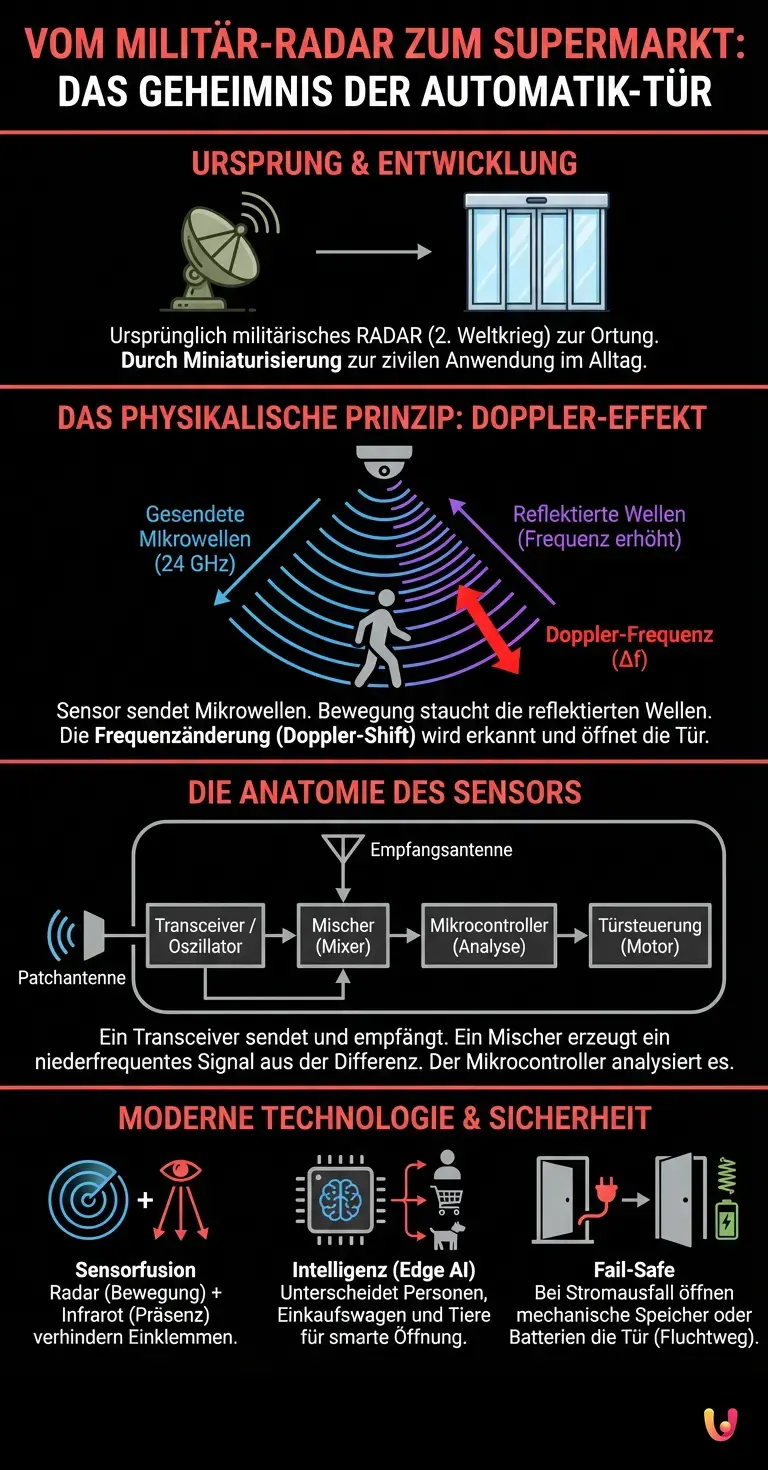 Vom Milit&auml;r-Radar zum Supermarkt: Das Geheimnis der Automatik-T&uuml;r - Zusammenfassende Infografik