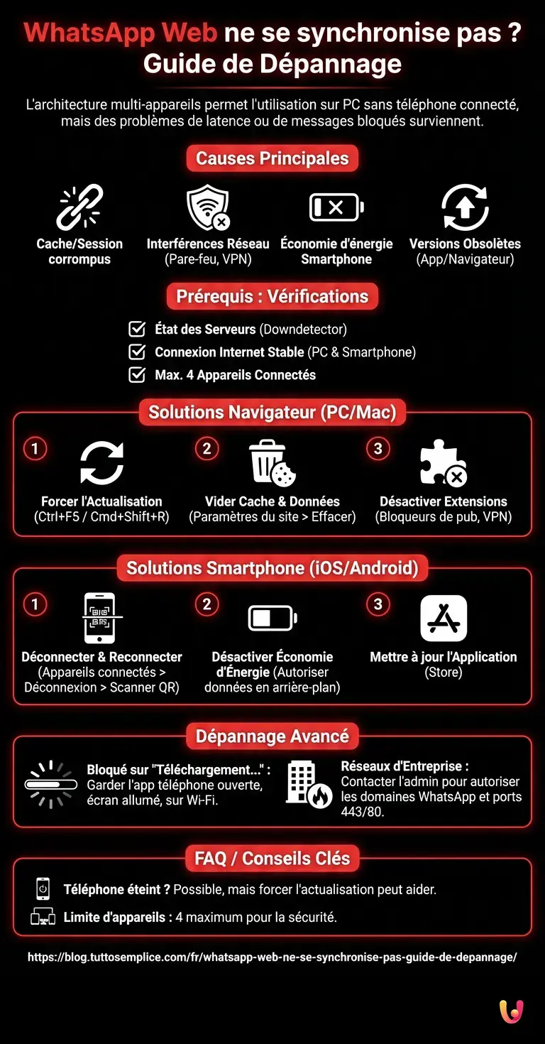 WhatsApp Web ne se synchronise pas ? Guide de dépannage - Infographie résumant