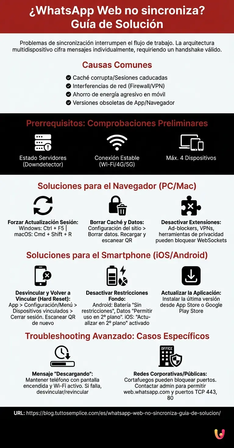 &iquest;WhatsApp Web no sincroniza? Gu&iacute;a de Soluci&oacute;n - Infograf&iacute;a resumen